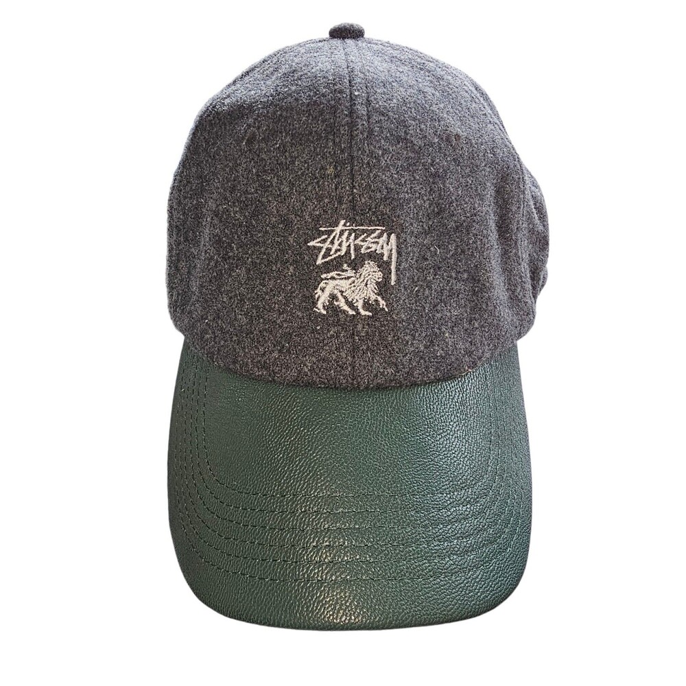 Vintage Stussy Gray Wool Hat W Green Leather Bill & Leather Strap